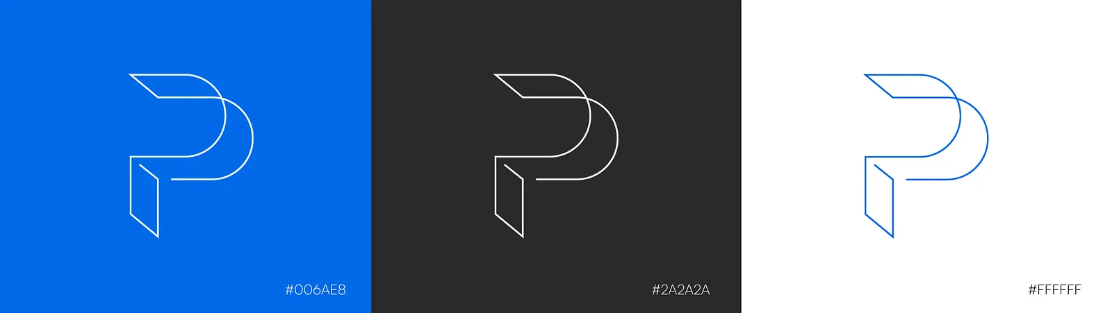 The P monogram shown in blue, charcoal and outline colourways