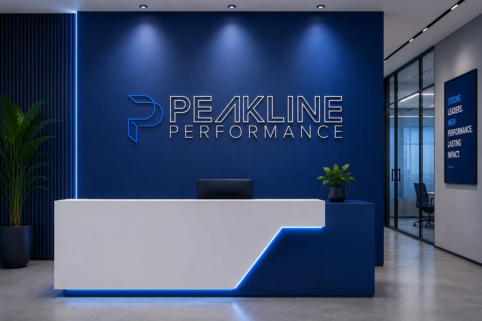 Office reception desk with illuminated Peakline signage on a blue wall