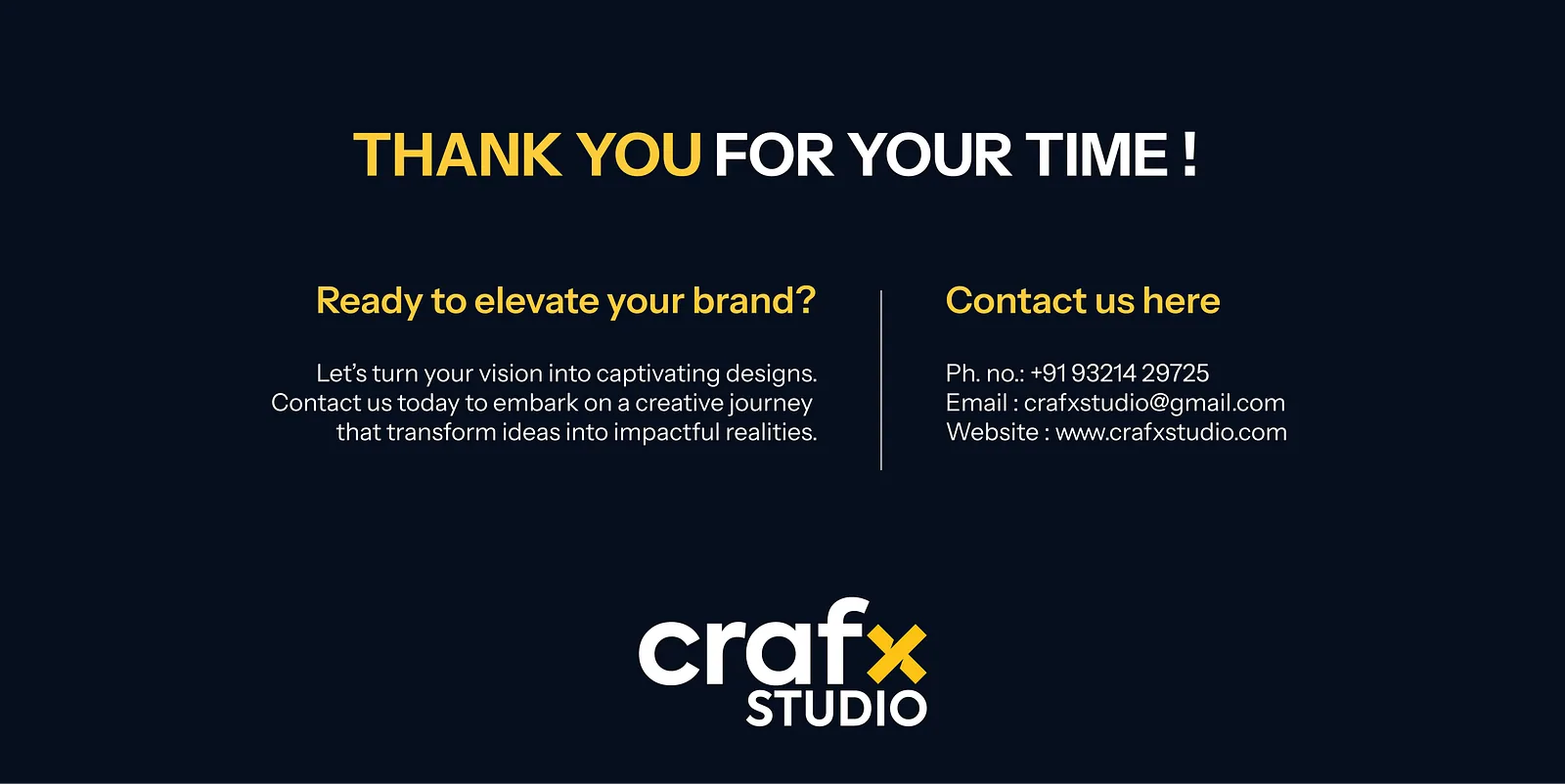 Closing slide with Crafx Studio contact details on navy