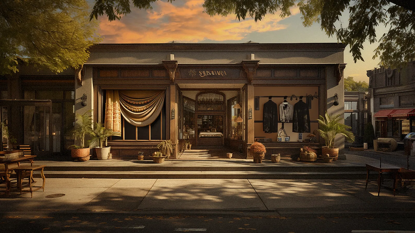 Evening render of the Savisawara boutique storefront, warmly lit