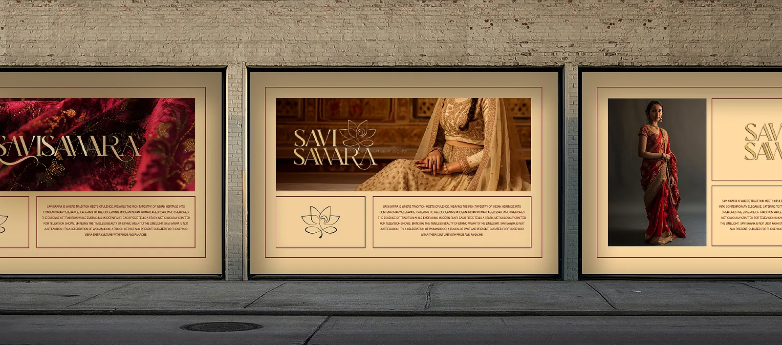 Street wall of framed billboards showing the ethnic fashion campaign