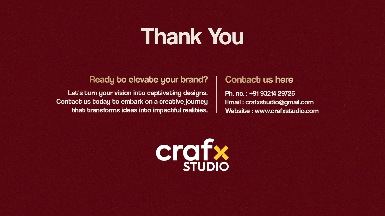 Closing slide with Crafx Studio contact details on maroon