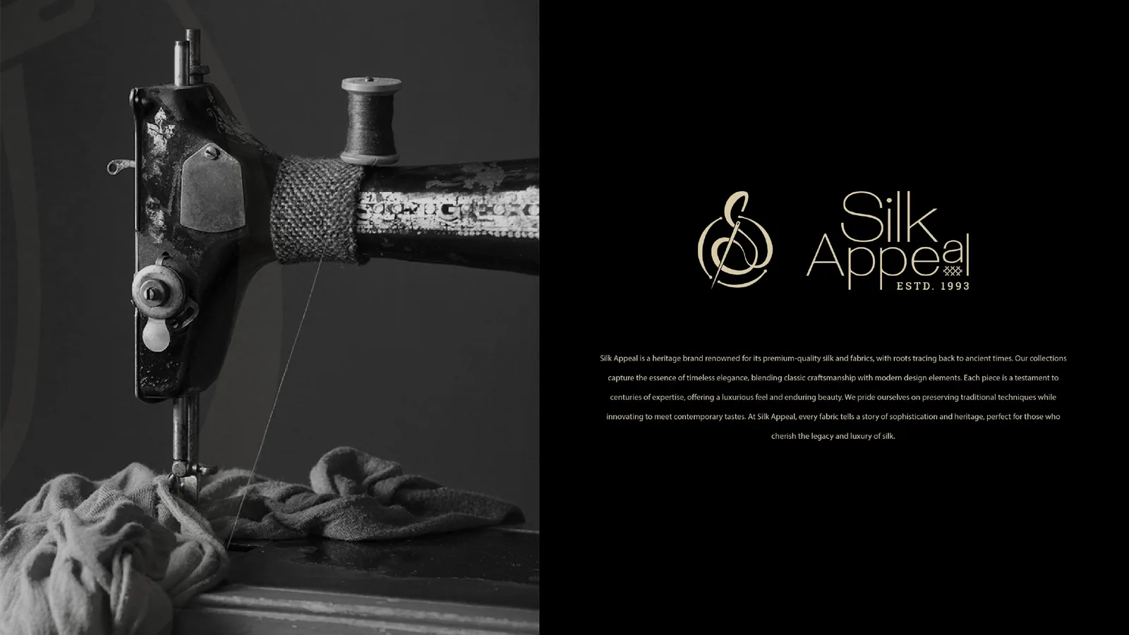 Brand spread pairing a sewing machine photograph with the gold lockup