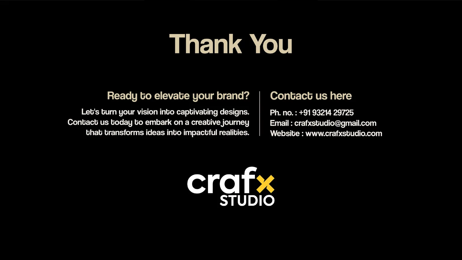 Closing slide with contact details and the Crafx Studio logo on black