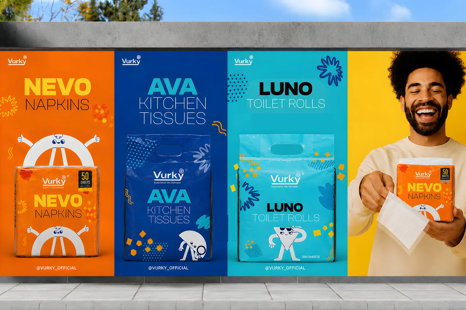 Street wall mural of the Vurky range beside a laughing model
