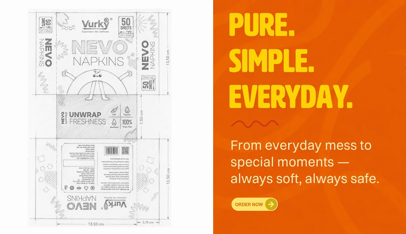 Nevo napkin dieline flat plan beside a Pure Simple Everyday panel