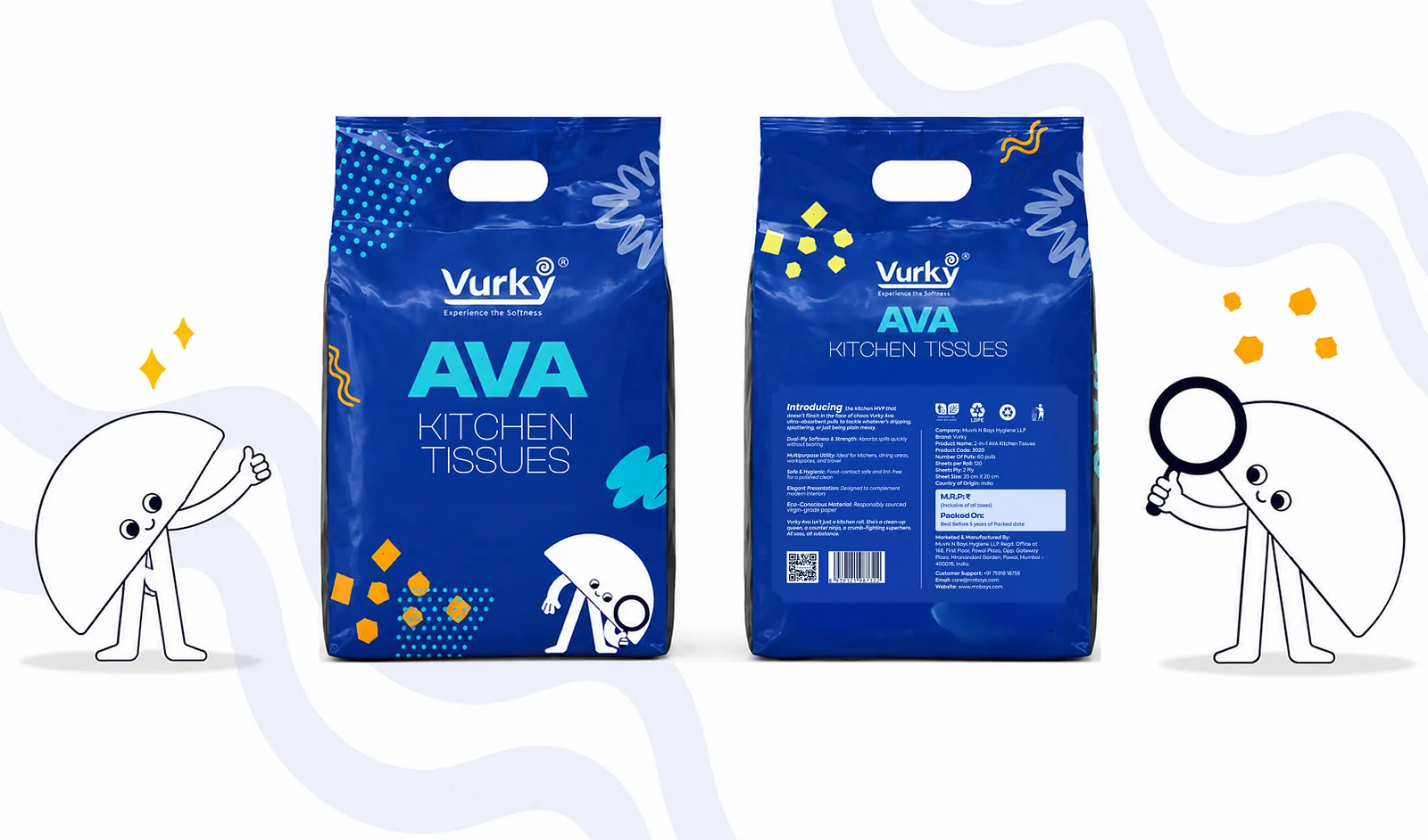 Two Ava kitchen tissue packs with the Vurky characters either side