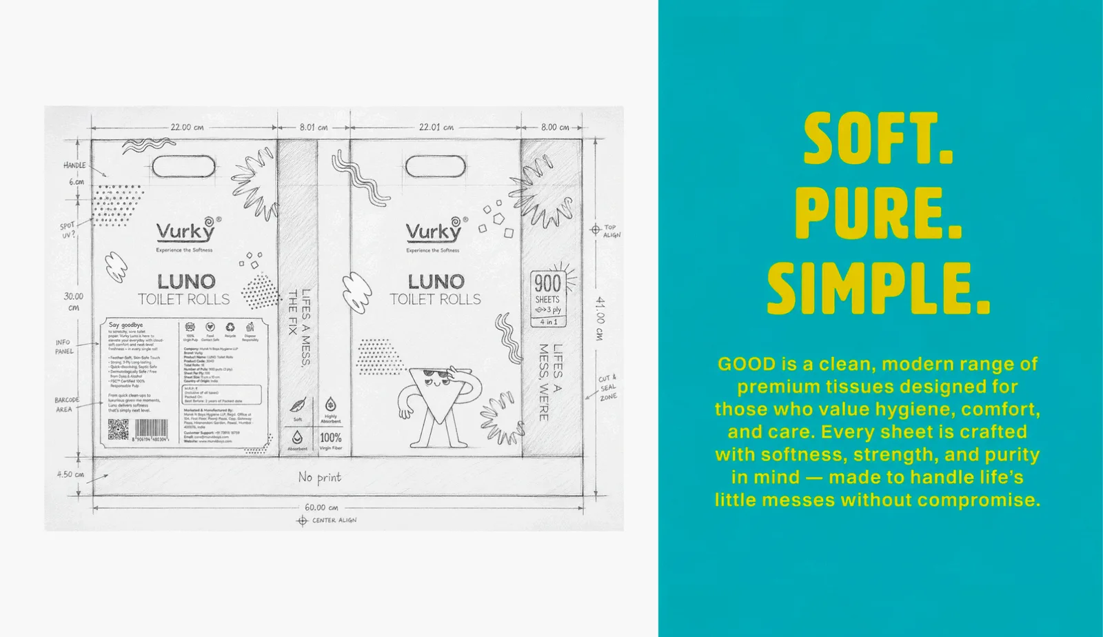 Luno toilet roll dieline beside a Soft Pure Simple type panel
