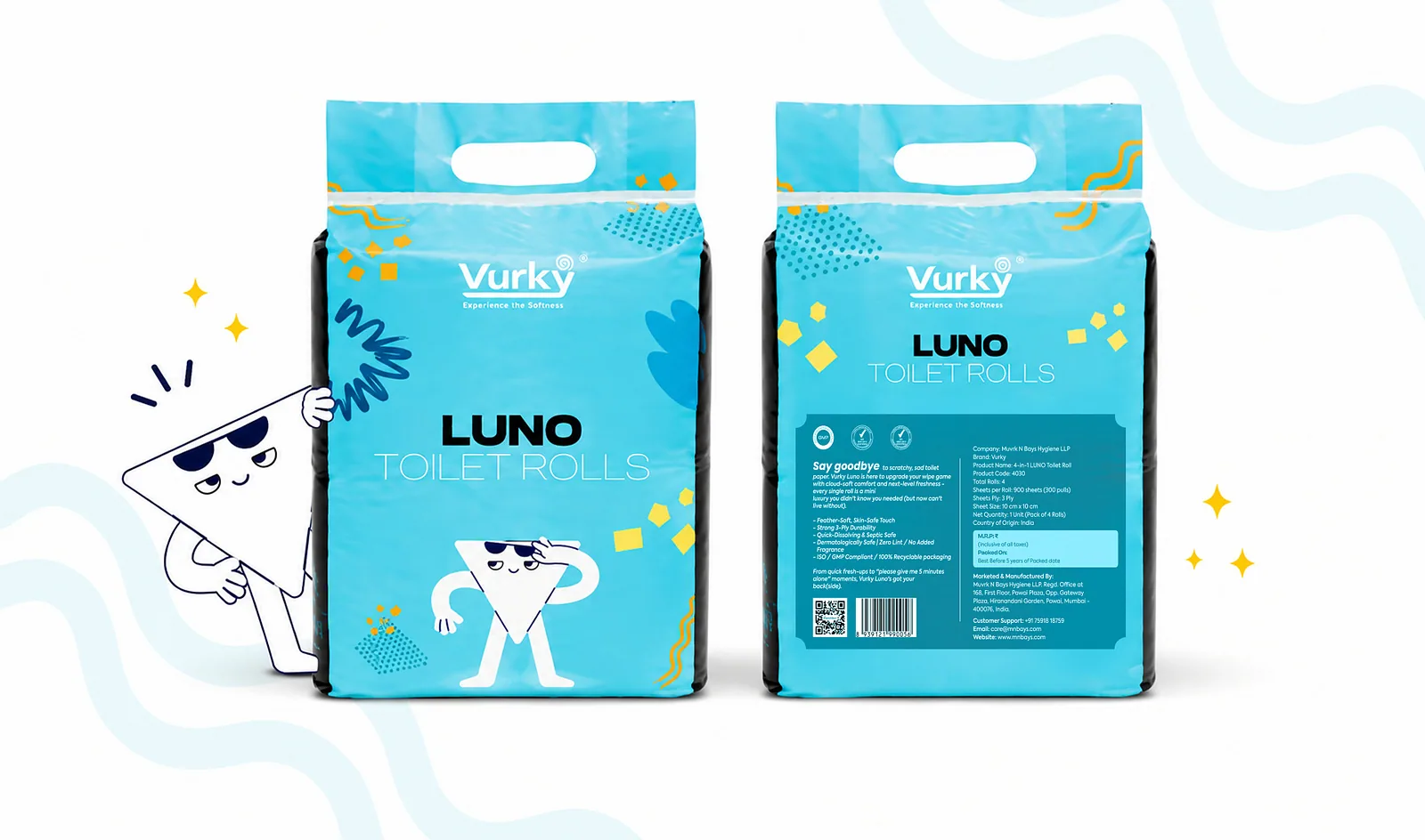 Two Luno toilet roll packs with a character mascot on cyan
