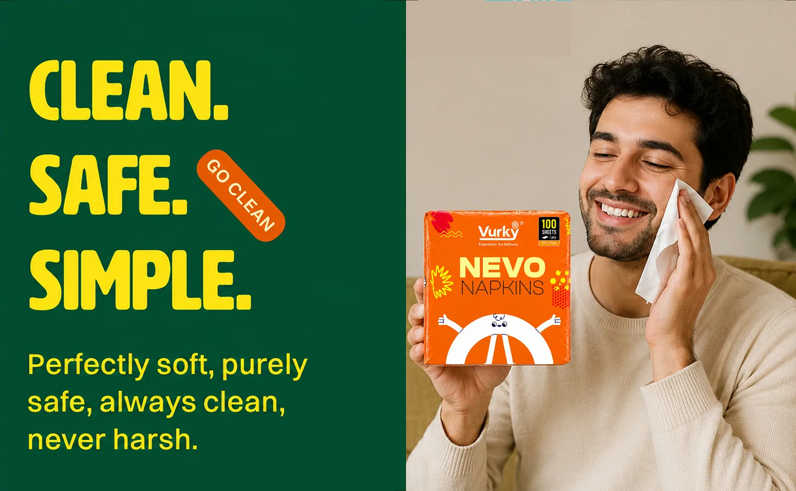 Clean Safe Simple panel beside a man using a Nevo napkin