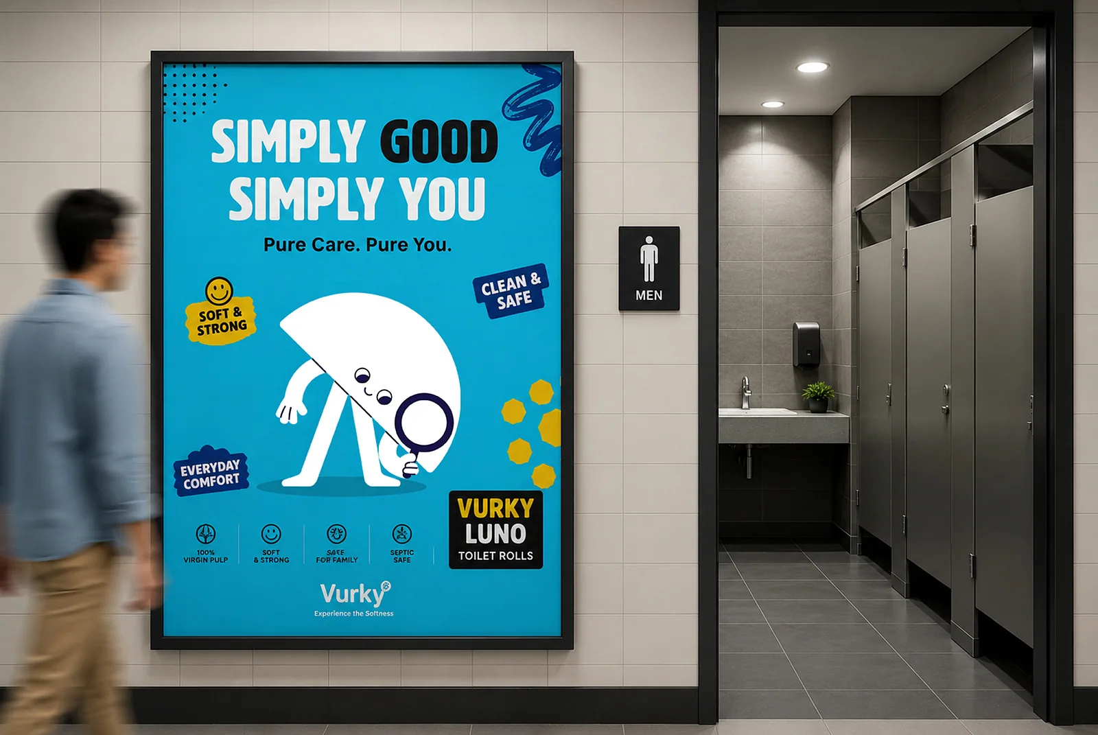 Washroom poster mockup reading Simply Good Simply You
