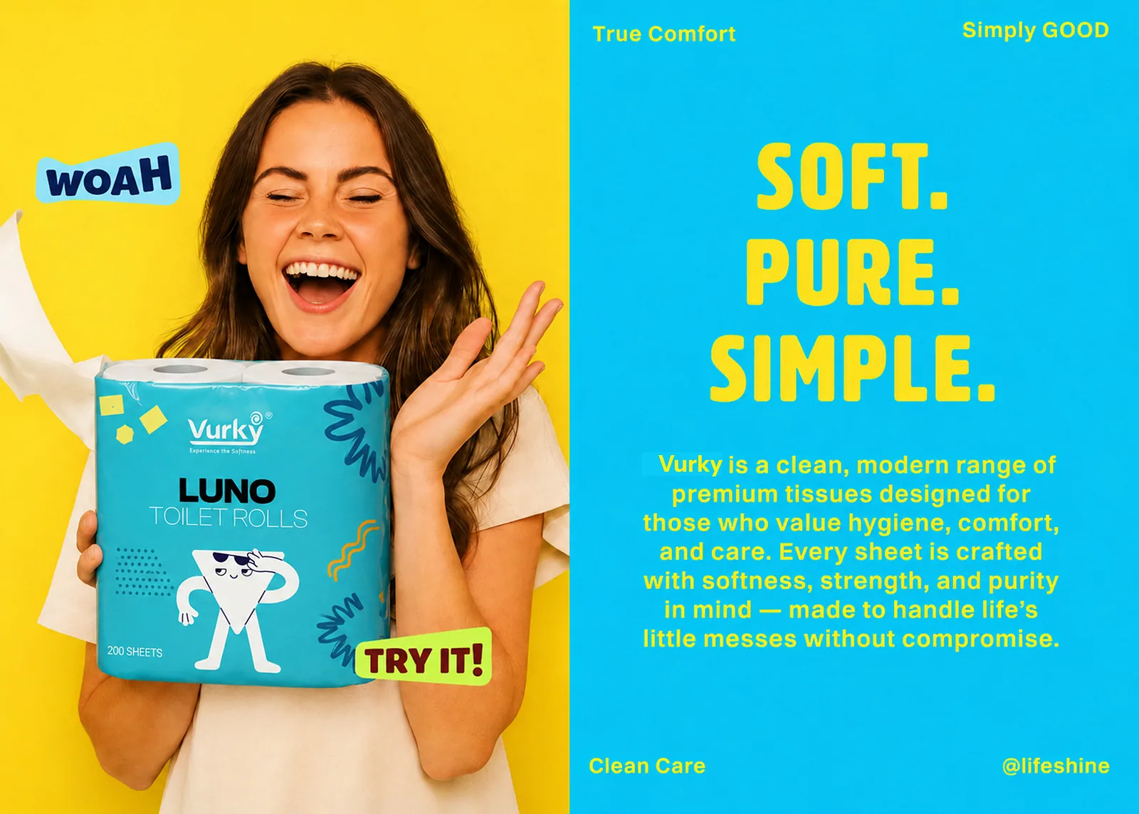 Woman holding a Luno pack beside a Soft Pure Simple panel