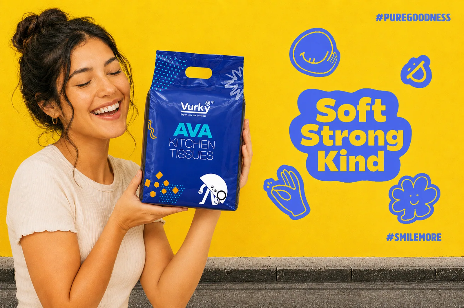 Smiling woman holding a blue Ava tissue pack against a yellow wall
