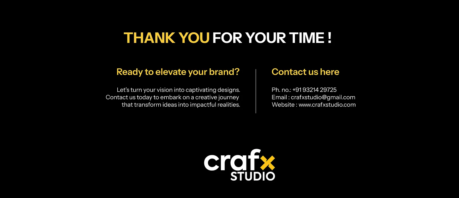 Closing slide with Crafx Studio contact details on black