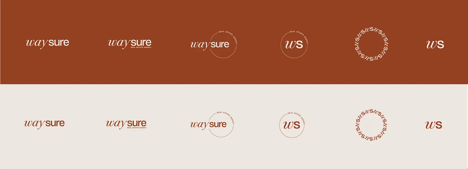 Logo lockup variations arranged across rust and cream bands