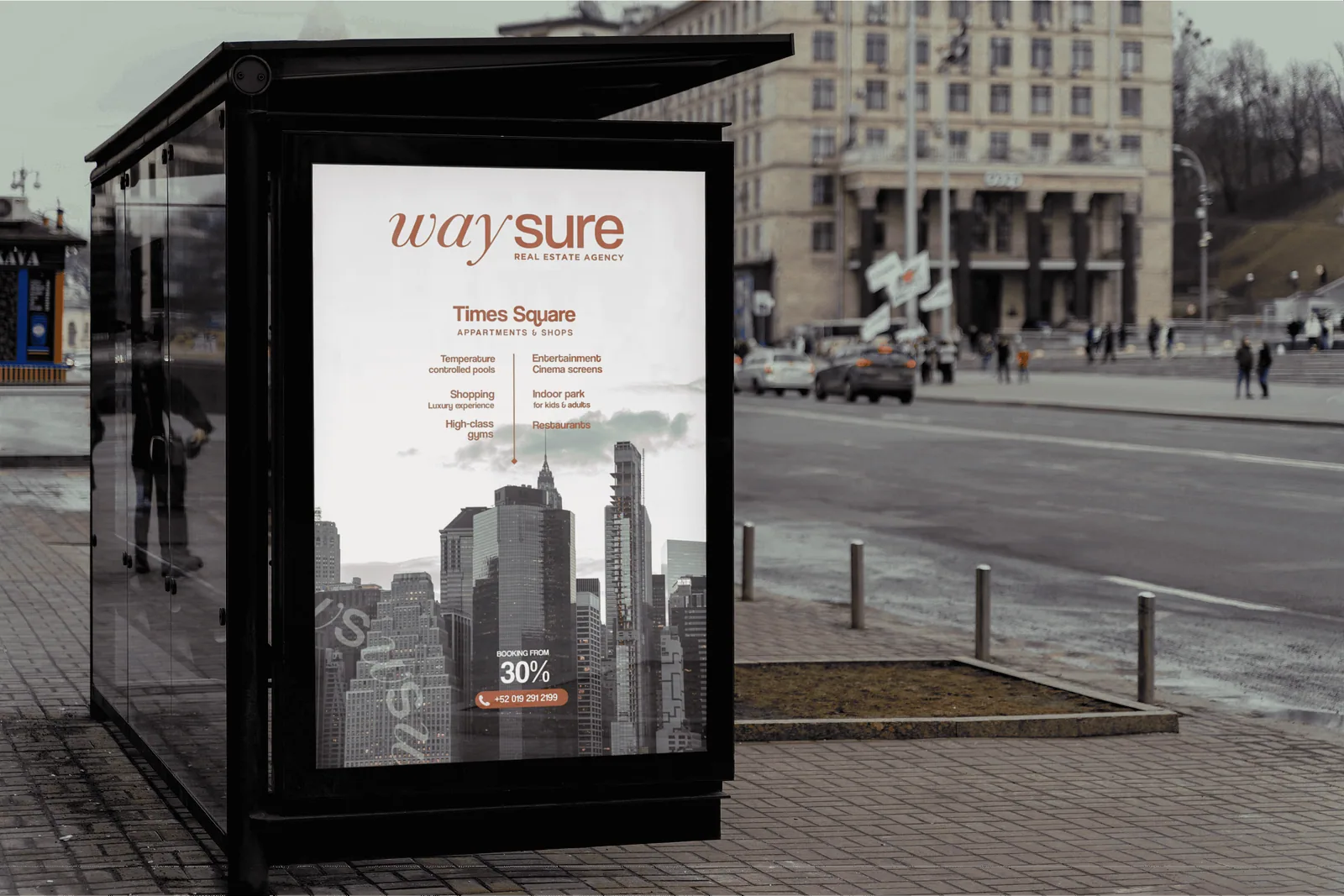 Bus shelter billboard showing a rust waysure property advertisement