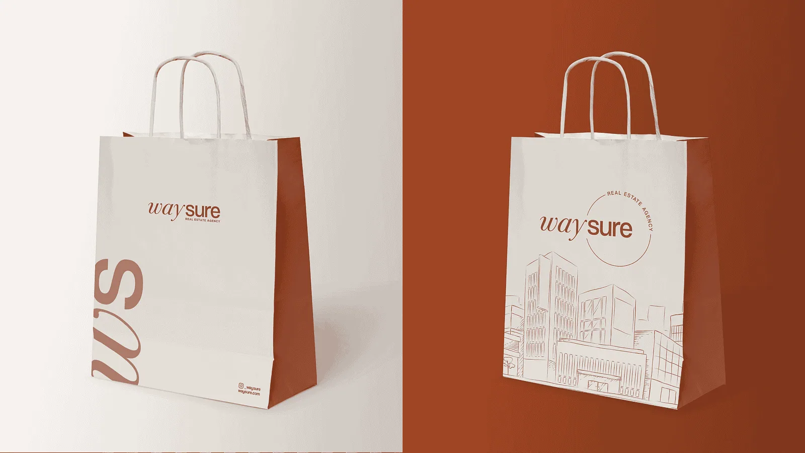 Two paper shopping bag mockups with waysure branding on rust