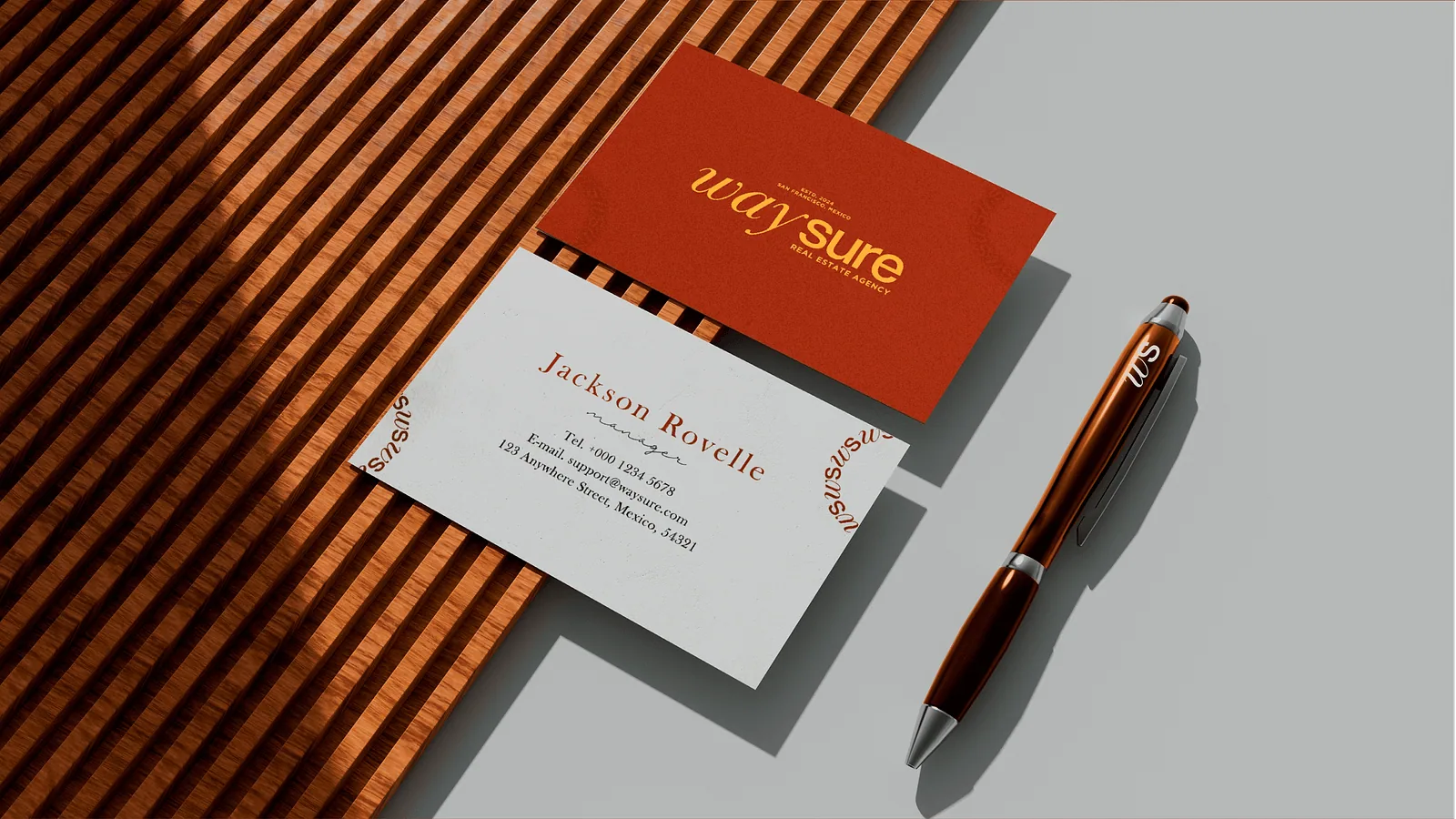 Business card stationery mockup with a pen on slatted wood