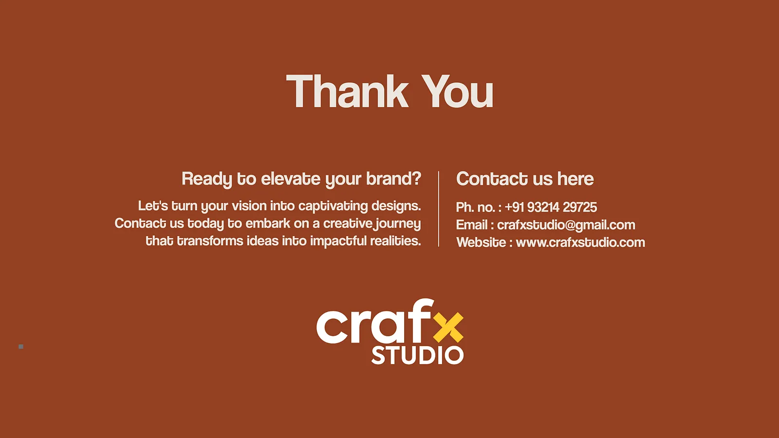 Closing slide with Crafx Studio contact details on rust